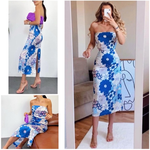 🌴 Mix & Match 2/$150 🌴 Zara Retro Mod Floral Print Strapless Midi Dress - Picture 2 of 16